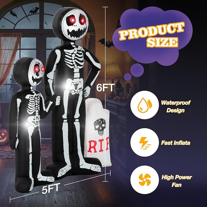 6 FT Skeleton Family Inflatable with Red LEDs